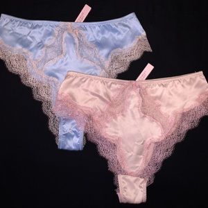 Victorias Secret Pink Blue Sexy Satin Lace High Waist Angel 2 Panty LOT S NWT
